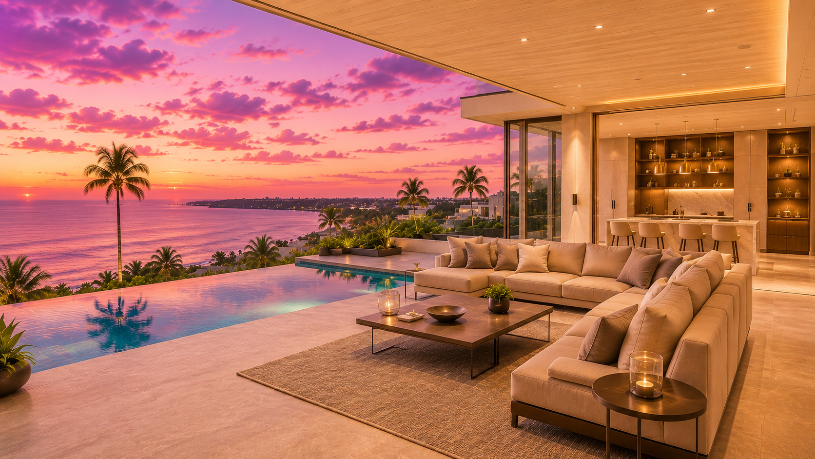 Luxury South Florida interior glowing at twilight