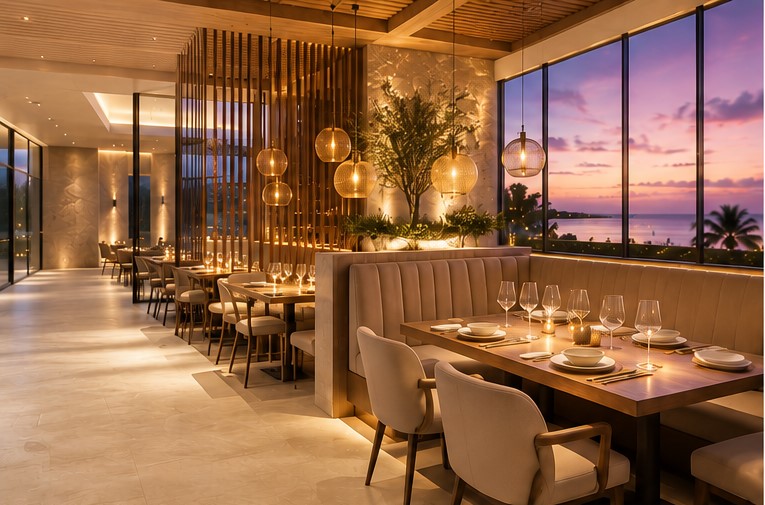 An intimate fine dining interior illuminated by warm evening light