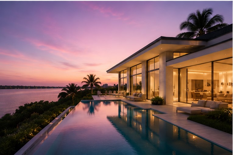 Contemporary waterfront architecture presented at South Florida twilight
