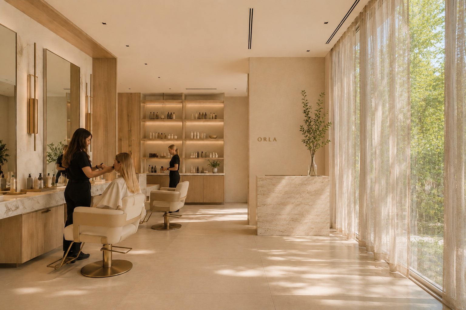 A serene ORLA studio with two stylists, one seated client, oversized limestone flooring, warm oak cabinetry and olive trees visible through sheer curtains.