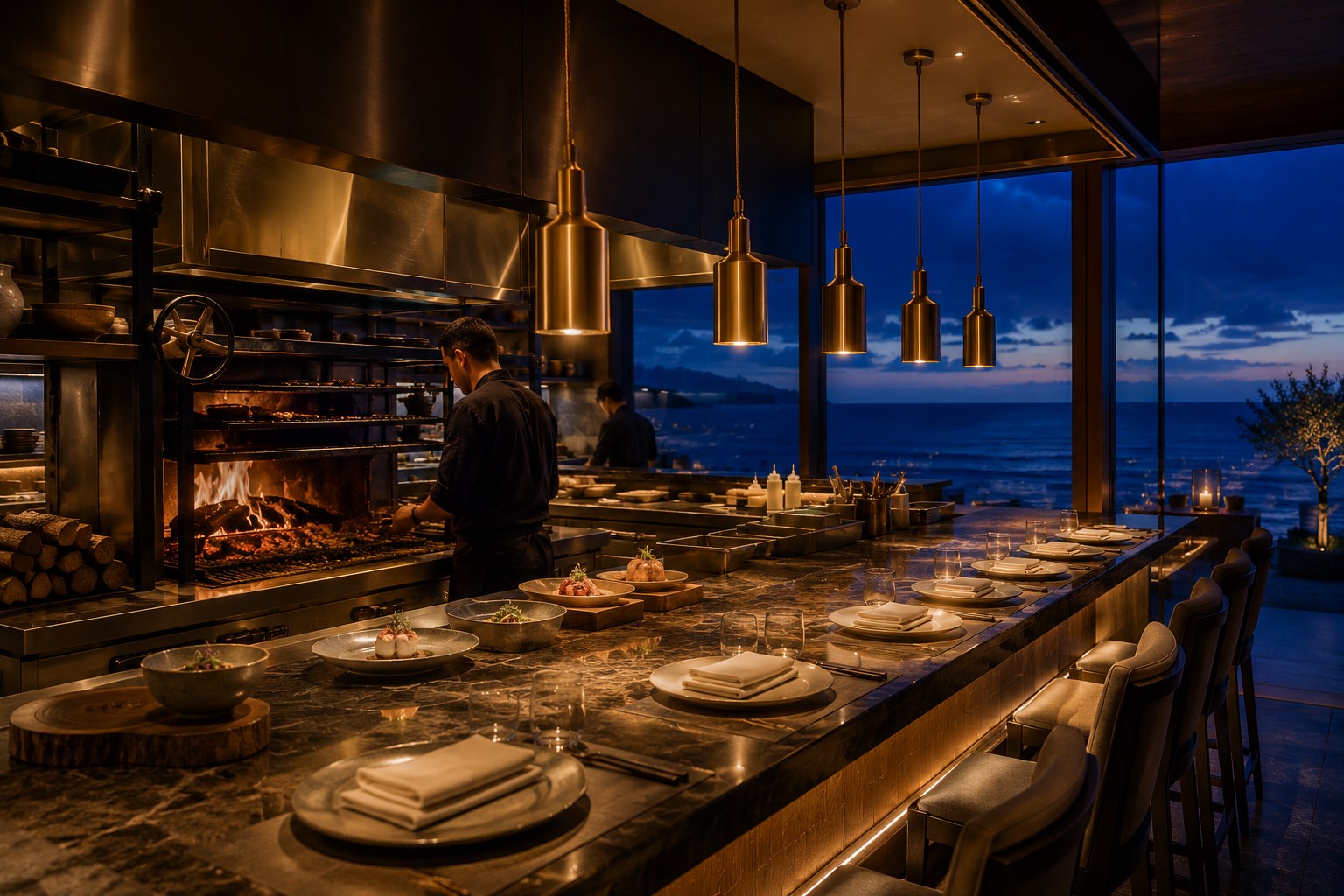 The open chef's counter at LIDO with fire, polished stone and Atlantic views