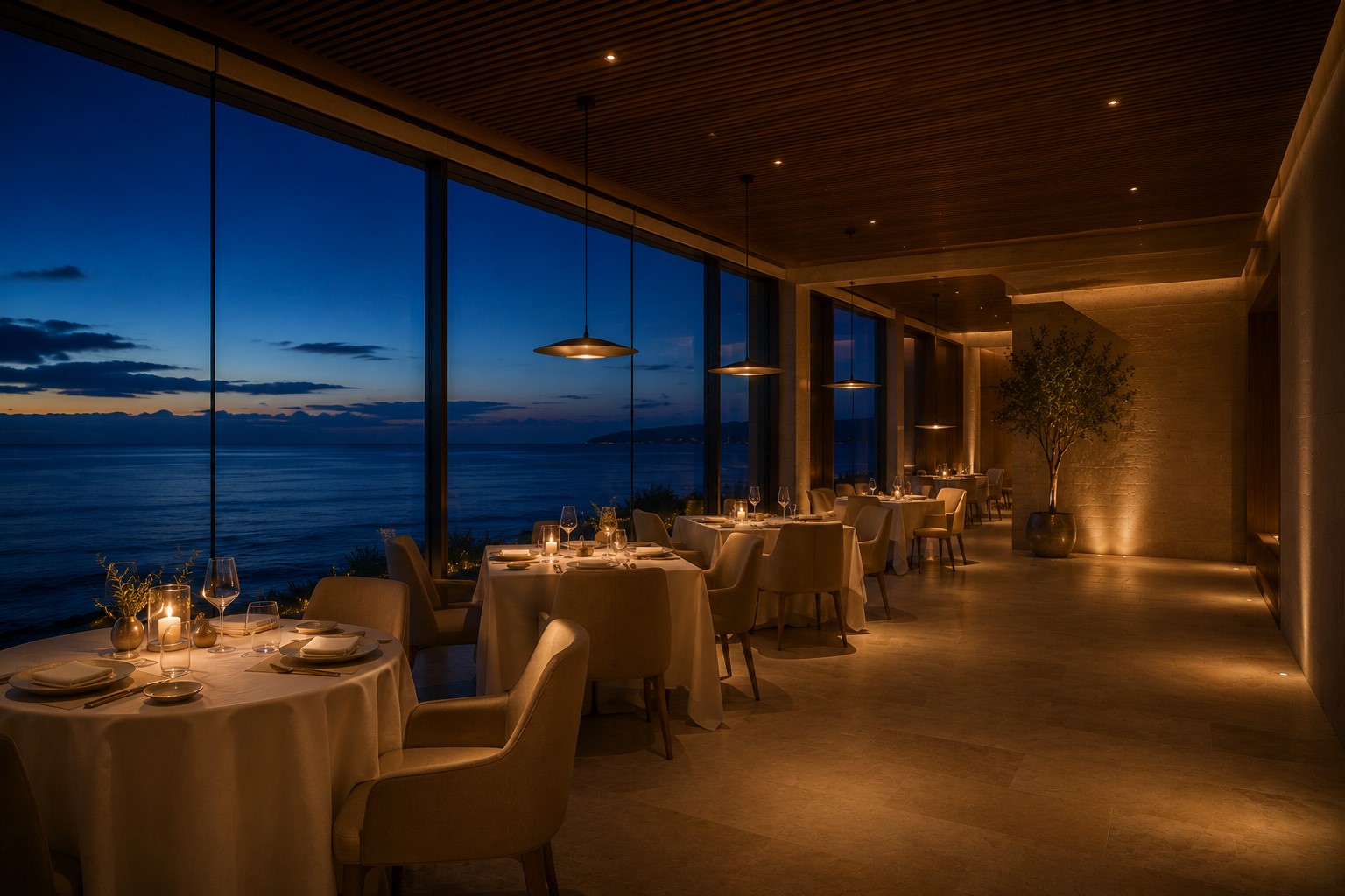 The main dining room at LIDO overlooking the Atlantic during blue hour